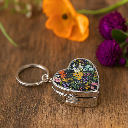 "The Flower Market" Heart ADHD Medication Pill Box Keyring