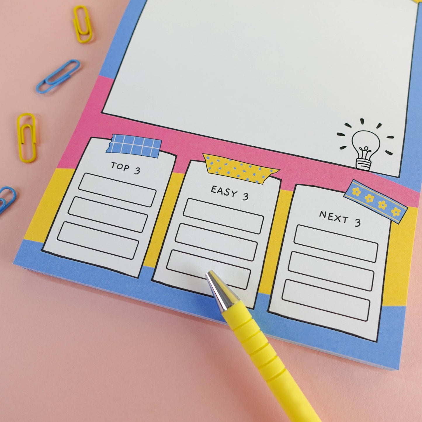 ADHD A5 brain dump notepad zoomed in on prioritisation text boxes and a yellow pen on a pink background