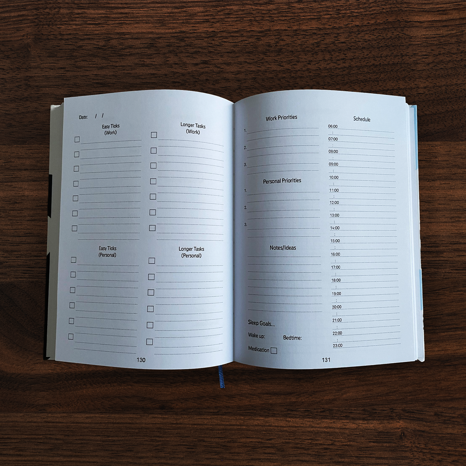 ADHD daily planner open on daily scheduling spread including easy ticks and longer task checklist, work and personal priorities and a time-pointed schedule from 6am to 11pm