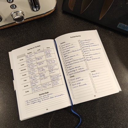 Open ADHD Daily Planner with meal plan and grocery list checklists on a dark kitchen surface next to a toaster
