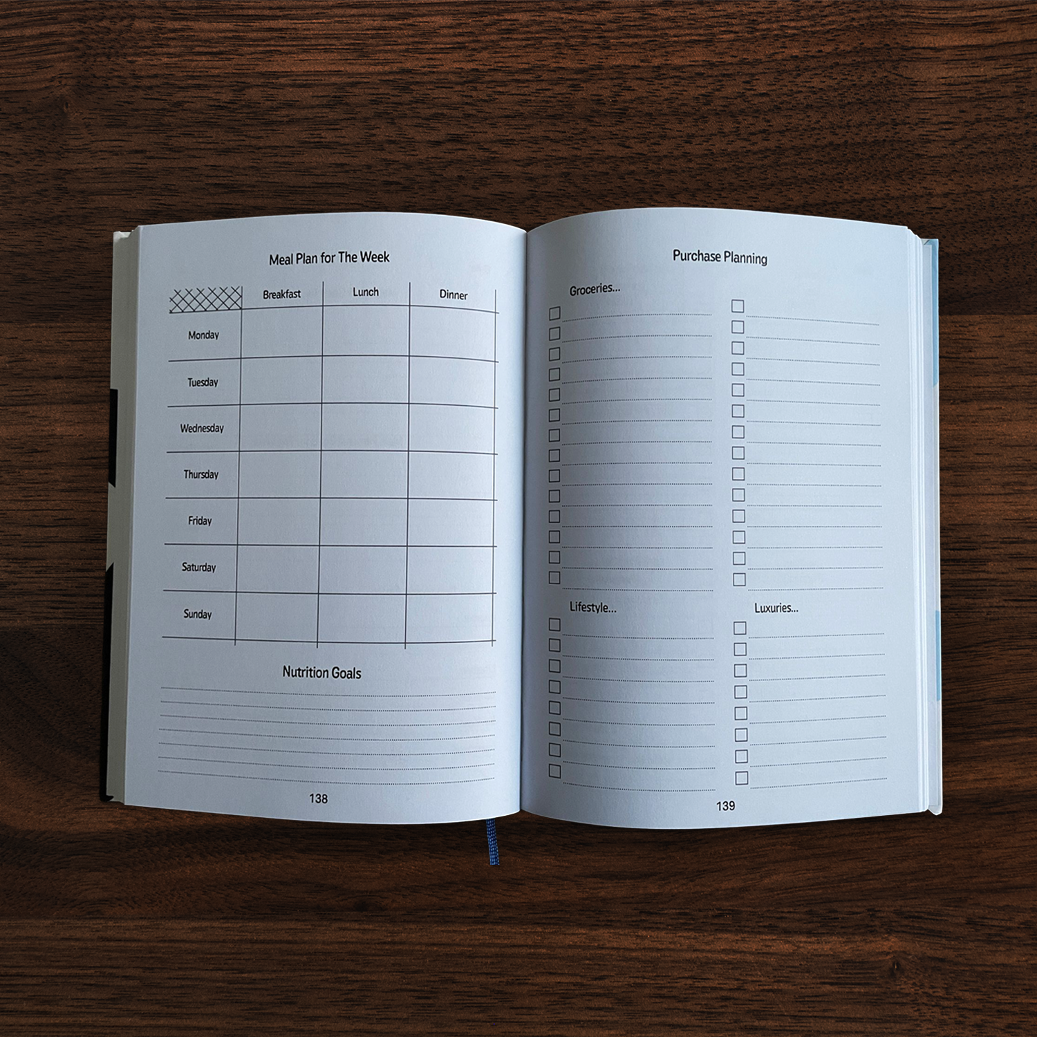 ADHD daily planner open on meal plan for the week & grocery and lifestyle purchase planning spread, on a wooden desk