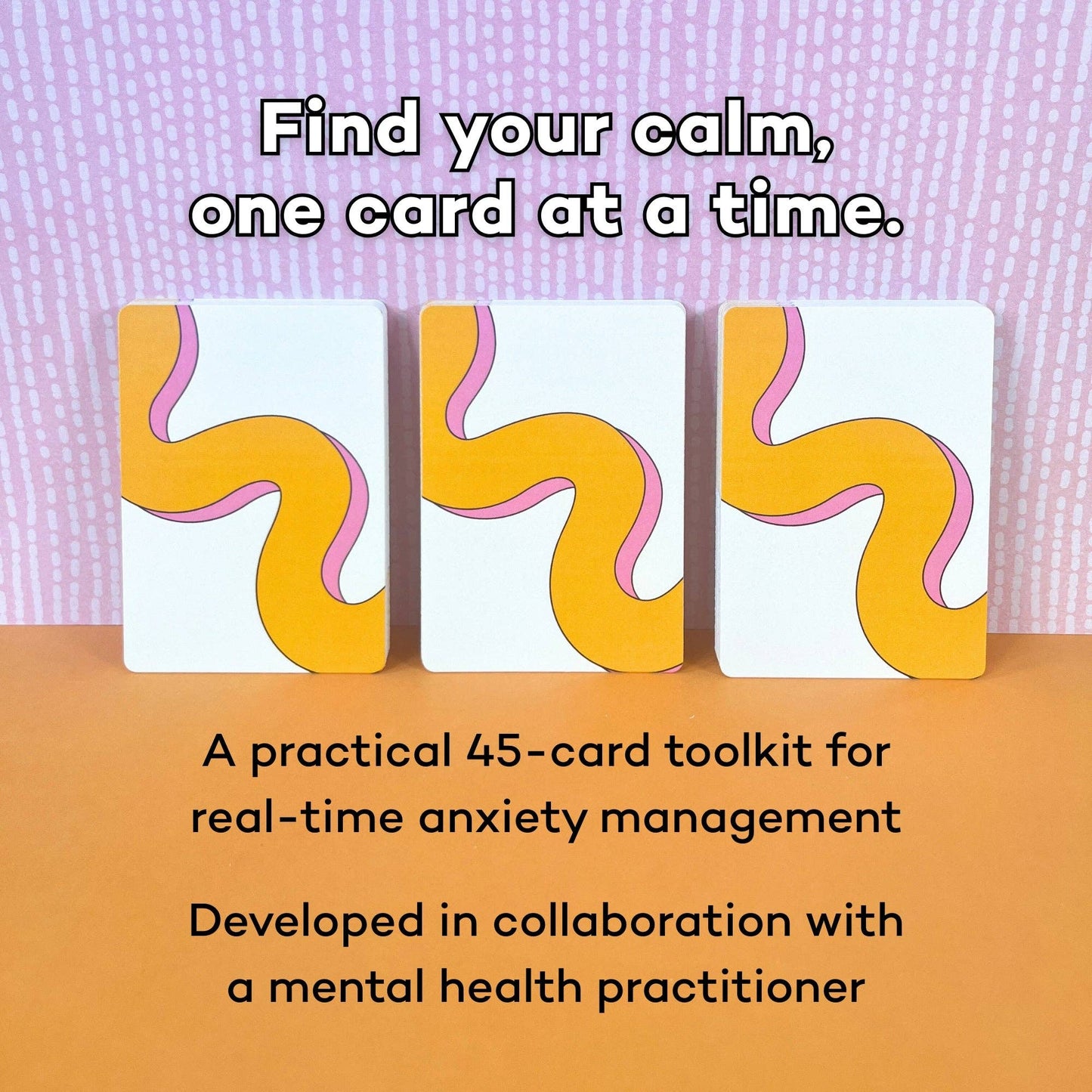 Three ADHD mental health anxiety toolkit cards with wavy designs on a pink and orange background, promoting a anxiety management toolkit developed in collaboration with a mental health practitioner
